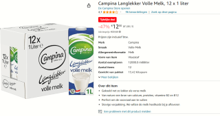 Campina Langlekker volle melk 12 pakken voor €12 bij Amazon