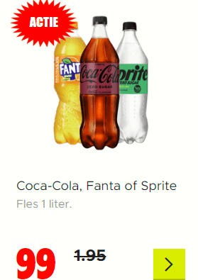 Alle Coca-Cola, Fanta of Sprite Fles 1 liter voor €0,99 bij Dirk