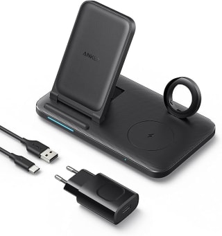 Anker Inklapbaar 3-in-1 draadloos laadstation met voeding, 335 draadloze oplader bij Amazon
