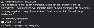 Gratis toegang museum Fenix in Rotterdam op openingsdag 15 mei