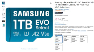 Samsung Tarjeta MicroSD EVO Select 2023 de 1 TB, Velocidad de Lectura, 160 MB/s y 120 MB/S de Escritura por 74,99€