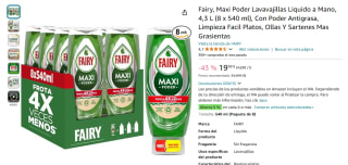 8 unds Fairy, Maxi Poder Lavavajillas Liquido a Mano, total 4,3 L por 19,99€
