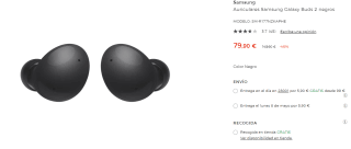 Auriculares inalámbricos - Samsung Galaxy Buds 2, 36.5 h, ANC, IPX2, Bluetooth 5.2, Negro + Estuche de carga por 79.9€