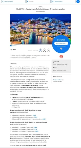 Creta 8 dìas con vuelos sólo adultos desde 619€.