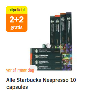 2+2 gratis op alle Alle Starbucks Nespresso 10 capsules bij de AH