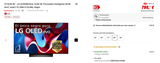 TV OLED 48" LG OLED48C45LA, OLED 4K, Procesador Inteligente 4K α9 Gen7 por 799€