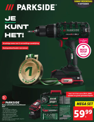 Parkside Accu boormachine 20v, inclusief 2 accu's, oplader en gereedschapsset voor €59,99