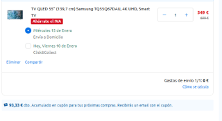 TV QLED 55" Samsung TQ55Q67DAU, 4K UHD, Smart TV por 549€ + cupón de 93,33€