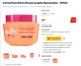 Korting bij Bol.com op L’Oréal Paris Elvive Dream Lengths Haarmasker - 300ml
