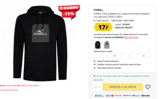 Hasta 70% descuento en ropa marca O'Neill sudaderas por solo 17€