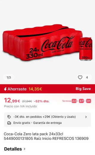 Coca-Cola Zero Pack 24x33cl por 12,99€