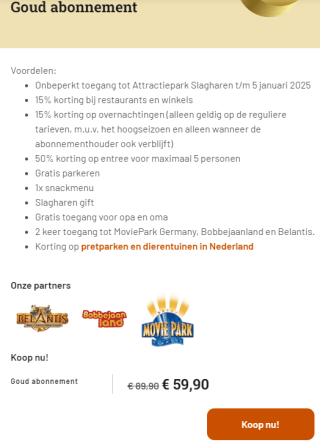 €30 korting op het Platinum en Goud abonnement van Slagharen.