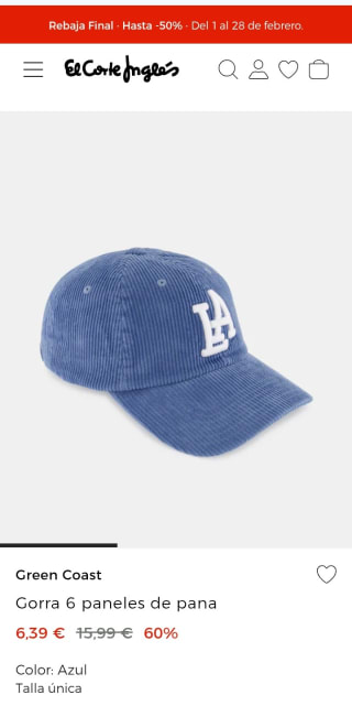 Green Coast Gorra seis paneles de pana por 6,39€.