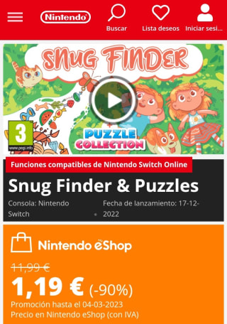 Snug Finder & Puzzles Nintendo Switch por 1,19€.