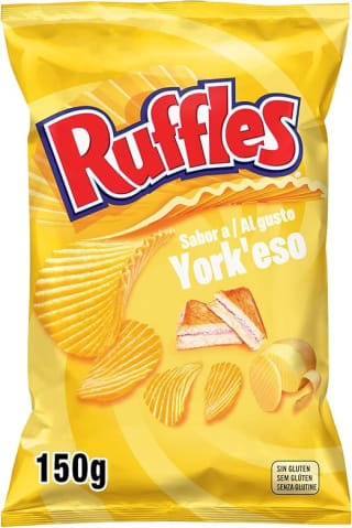 10 bolsas Ruffles Yorkeso, Patatas Fritas con sabor a jamón y queso 150gr por 10,70€