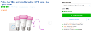 Philips Hue White and Color Startpakket E27 3-pack + Solo Lightstrip 3m voor €149 bij Coolblue