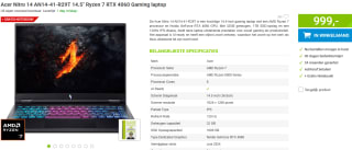 Acer Nitro 14 AN14-41-R29T 14.5" Ryzen 7 RTX 4060 Gaming laptop voor €999 bij Megekko