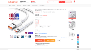 Cable USB tipo C de carga rápida datos 7A 100W por 0,75€