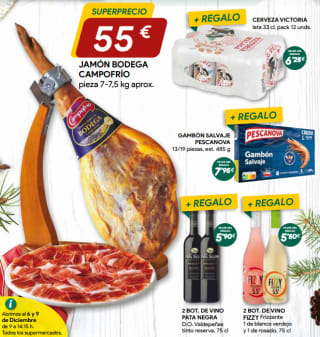 Campofrío Jamón serrano + 12 cervezas + 2 Botellas vino + Caja Gambón + 2 Botellas Frizzante por 55€