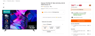 Hisense 75U7KQ 75" Mini LED Ultra HD 4K HDR10 Smart TV por 799€