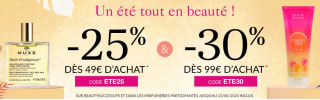 25% de réduction dès 49€ d'achat sur tout les parfums, maquillage et soin de marques