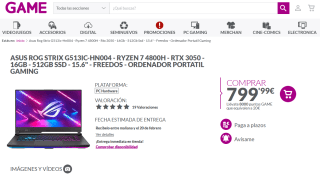 ASUS ROG STRIX RYZEN 7 4800H RTX 3050 16GB 512GB SSD 15.6" por 799€