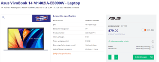 Asus VivoBook 14 M1402IA-EB090W - Laptop voor €479 bij Azerty