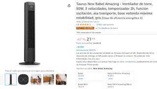 Taurus New Babel Amazing Ventilador de torre, 50W, 3 velocidades por 21,24€