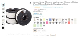 3kg Amazon Basics Filamento para impresora 3D, ácido poliláctico por 22,99€ color blanco