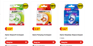 25% korting op diverse Alpine Oordoppen bij Kruidvat