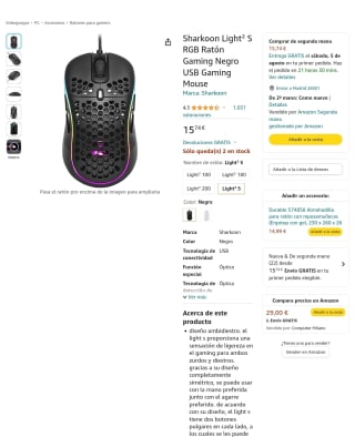 Sharkoon Light S RGB Ratón Gaming USB por 15,74€