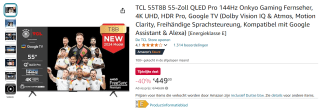 TCL 55T8B 55-Zoll Pro 144Hz QLED TV voor €449 bij Amazon DE