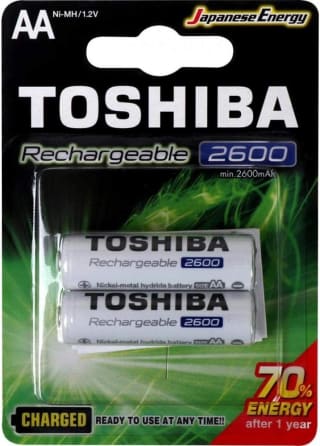 Pilha Recarregável Toshiba, modelo AA 12v 2600mah com 2 unidades - R$ 35,22