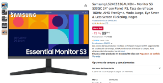 Samsung LS24C332GAUXEN Monitor S3 S33GC 24” con Panel IPS, Tasa de refresco 100Hz por 89,99€