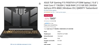 ASUS TUF Gaming F15 FX507VV-LP139W 15.6" gaming laptop voor €949 met Amazon prime