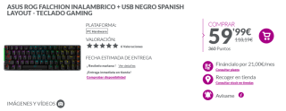 Teclado Gaming ASUS ROG Falchion Inalambrico + USB Negro Spanish Layout por 59,99€