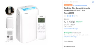 Toshiba Aire Acondicionado Portátil Wifi 10000 Btu por $4,968 en Mercado Libre