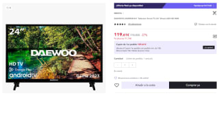 Televisor Daewoo 24DM54HA1 24" LED HD HDR Android TV por 119.61€ (Cuenta Nueva 107.61€)