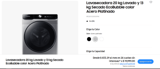 Lavasecadora 20 kg Lavado y 13 kg Secado EcoBubble color Acero Platinado