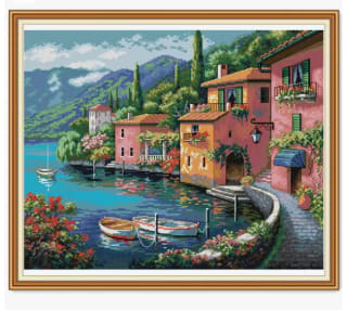 Kit de punto de cruz casa colorida junto al agua, bordado de tela blanca artesanal 14ct por 8,15€