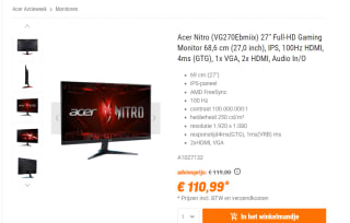 ACER Nitro VG270Ebmiix - 27 inch - 1920 x 1080 (Full HD) monitor voor €110,99 bij Nbb