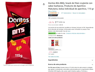 Doritos Bits BBQ, Snack de Maíz crujiente con sabor barbacoa 115gr por 1,03€