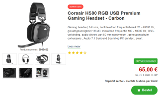 Corsair HS80 USB Carbon heaadset voor €65 bij Proshop