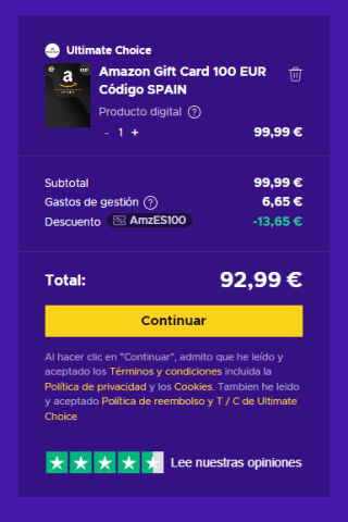 Tarjeta Amazon de 100€ por solo 92,99€