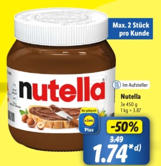 Nutella 450 gram voor €1,74 bij de Lidl in Duitsland