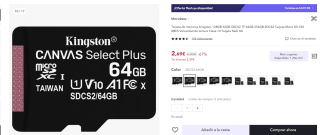 ofertas Tarjeta de micro sd memoria Kingston desde 2,24€