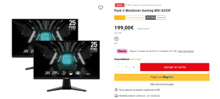 2 Monitores MSI G255F 24.5" LED Rapid IPS FullHD 180Hz por 199€