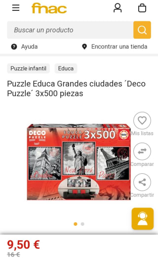 Puzzle Educa Grandes ciudades ´Deco Puzzle´ 3x500 piezas por 9,50€.