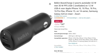 Belkin BoostCharge 2-poorts autolader 42 W met 30 W PPS USB-C (snelladen) en 12 W USB-A voor €14,99 bij Amazon