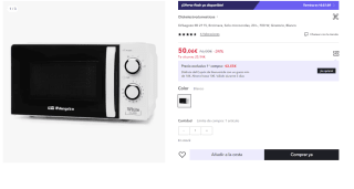 Microondas 20L 700W Orbegozo MI 2115 por 50.06€ (Cuenta Nueva 38.06€)